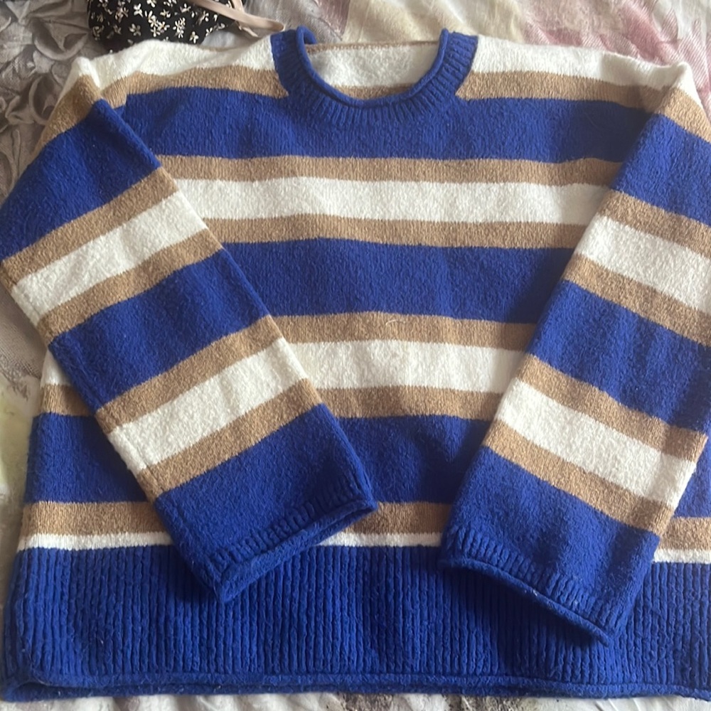 Madewell sweater with blue white and gold stripes